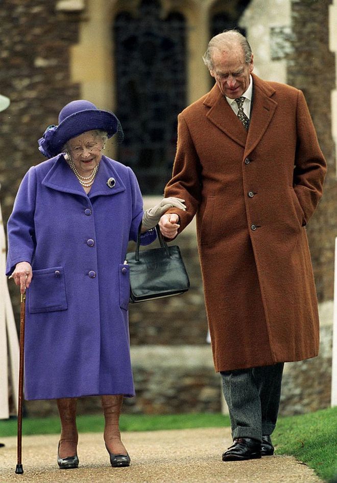 Prince Philip with his mother-in-law, The Queen Mother, on Christmas Day at Sandringham.