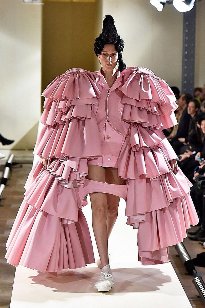 The theme of this collection was "18th Century Punk". There was plenty of pink – and in this look, plenty of ruffles. We suspect Rihanna might be the one to try this out. Photo: Getty