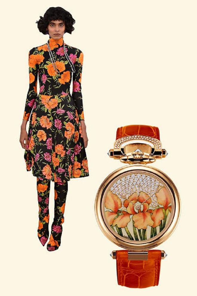 Hand-painted, bright orange enamel flowers on this timepiece mirror the wild floral patterns shown by Demna Gvasalia for Balenciaga—and even cooler, this convertible watch can be worn on the wrist or as a pendant, or even displayed as a table clock.

Orange "Iris" enamel miniature painting timepiece, $136,200, bovet.com