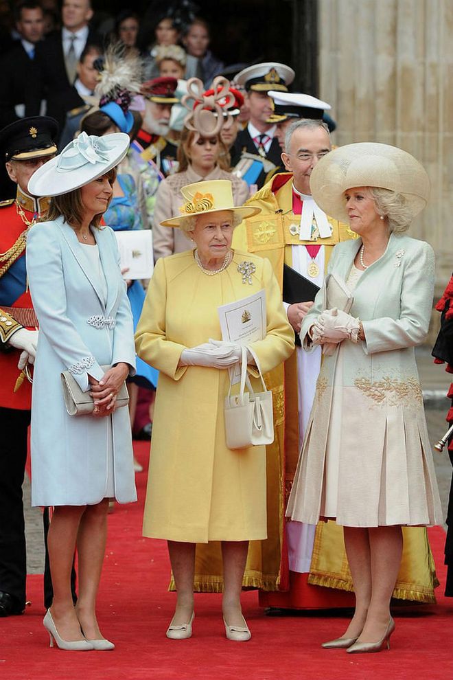 Carole Middleton, Queen Elizabeth II, and Camilla, Duchess of Cornwall, convene after the ceremony.
Photo: Getty
