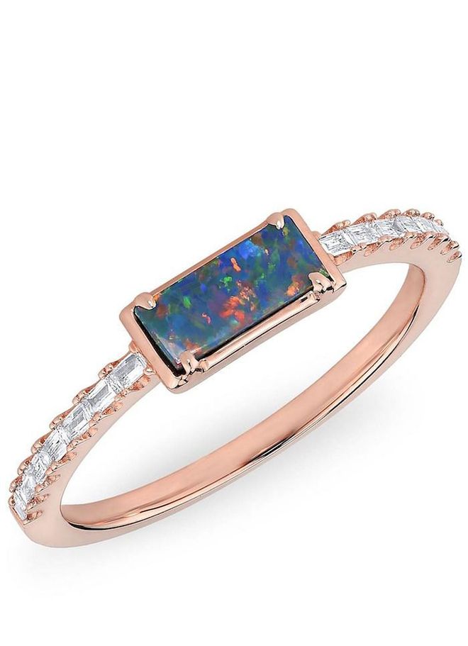 "Maddie" ring featuring 14kt rose gold, diamonds, and opal, $825, annesisteron.com.
