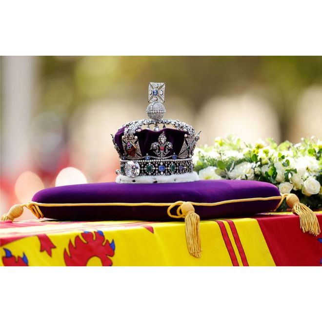 The Imperial State Crown laid on the coffin of Elizabeth II.