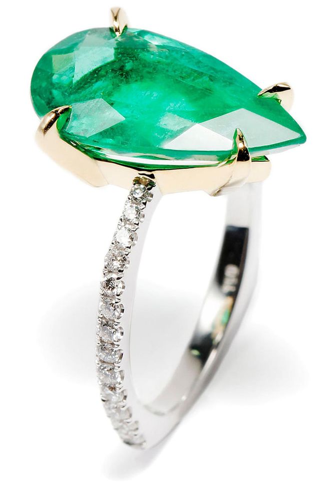 Pear shaped diamond and emerald ring, price upon request, aravartanian.com.
