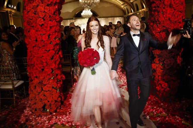 August 2016 Lydia Hearst married Chris Hardwick in Pasadena, California wearing a custom ombre pink Christian Siriano gown.
