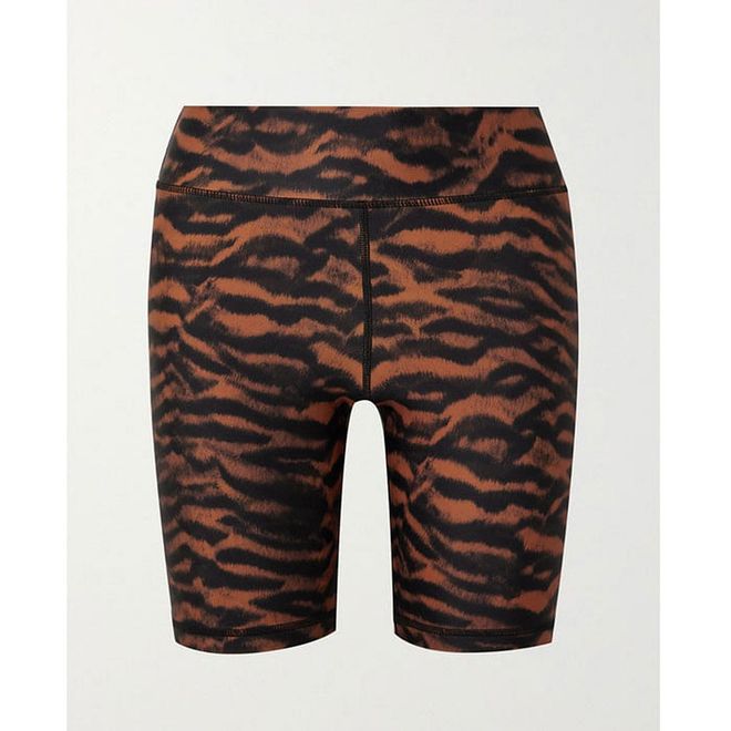 A stylish pair of tiger-print stretch shorts that can go from bounce class to a casual look—simply throw on an oversized t-shirt on top of it. 