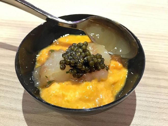 Marinated botan shrimp with sea urchin and Oscietra caviar, $25, Waku Ghin