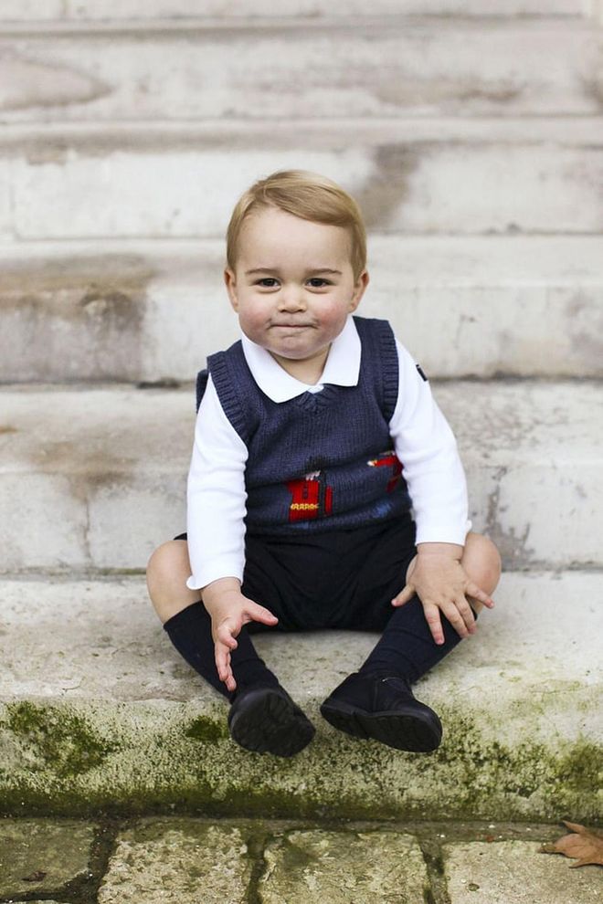 Prince George is as cute as a button in his official Christmas portrait. (He's even wearing toy soldiers on his tiny sweater vest.) The picture was taken by his mother, Kate Middleton, at Kensington Palace in late November 2014.