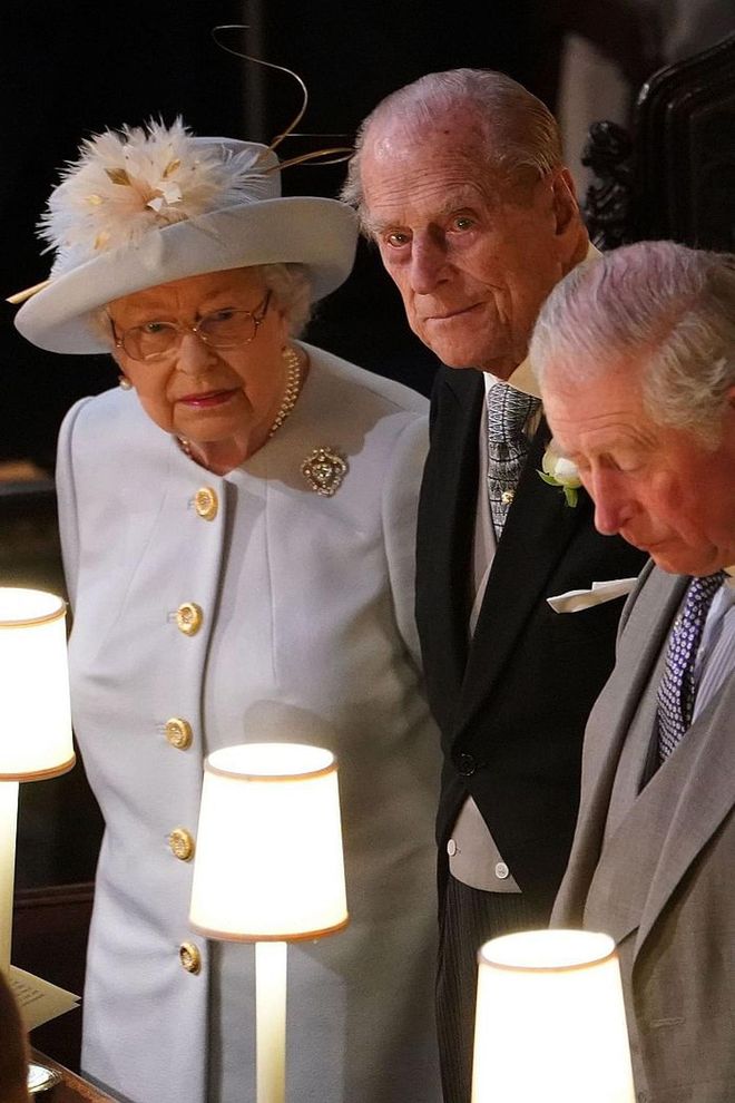Queen Elizabeth II, Prince Phillip, and Prince Charles in their seats at the ceremony.