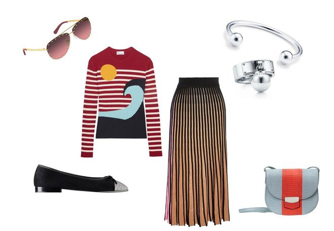 Sunglasses, Louis Vuitton. Sweater, RED Valentino. Pump, Chanel. Skirt, Kenzo. Sterling silver Tiffany HardWear ball dangle ring; sterling silver Tiffany HardWear bead cuff, Tiffany &amp; Co. Bag, Céline.