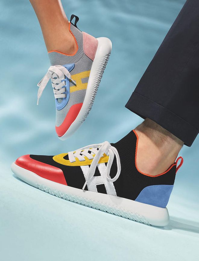 Sneakers in knit and suede goatskin with slanted H motif. (Photo: Arnaud Lajeunie/Hermès)