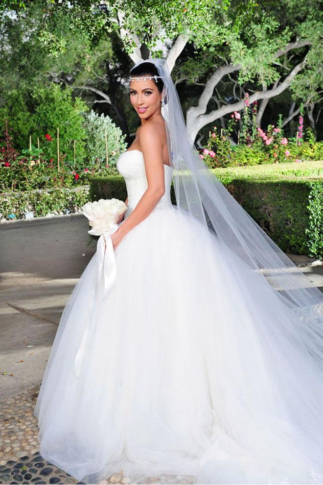 For Kim Kardashian's second wedding to basketball player Kris Humphries on August 20, 2011, the reality TV star chose not one, but three Vera Wang dresses, each costing $25,000. That's a $75,000 total for her wedding day wardrobe.