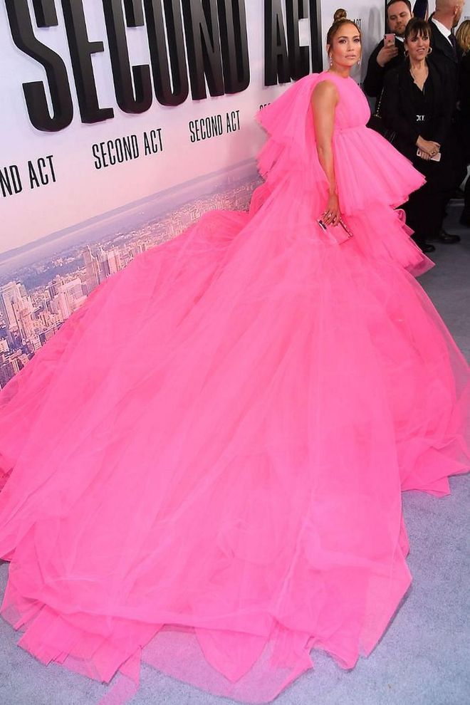 Quite literally one of the biggest red-carpet moments of the year came courtesy of Jennifer Lopez, who attended the New York premiere of Second Act in this huge pink Giambattista Valli gown, which was from the designer's most recent couture collection. The dress immediately blew up on social media thanks to its dramatic volume and neon hue. In fact, the gown was so large that she had to be transported to the venue in a private van.

Photo: Getty