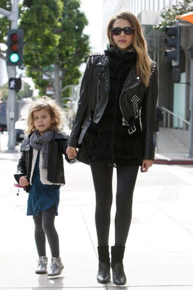 Actress and businesswoman Jessica Alba shares three children, two daughters and a son with husband of 10 years, Cash Warren. Needless to say, with such a stylish mother, the children are always well dressed. Here, Jessica twins with oldest daughter, Honour, who was then 4-years-old, in black biker jackets, while out and about in Santa Monica.

Photo: Pinterest