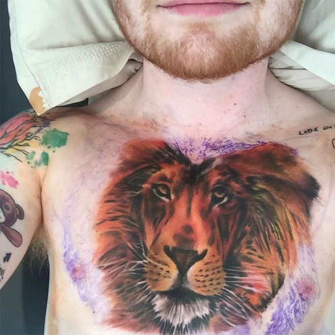 In August 2015, Ed Sheeran unveiled a giant lion tattoo on his chest. Fans thought the tattoo was a joke, but he confirmed in a November 2015 interview with Ellen that it was definitely real.