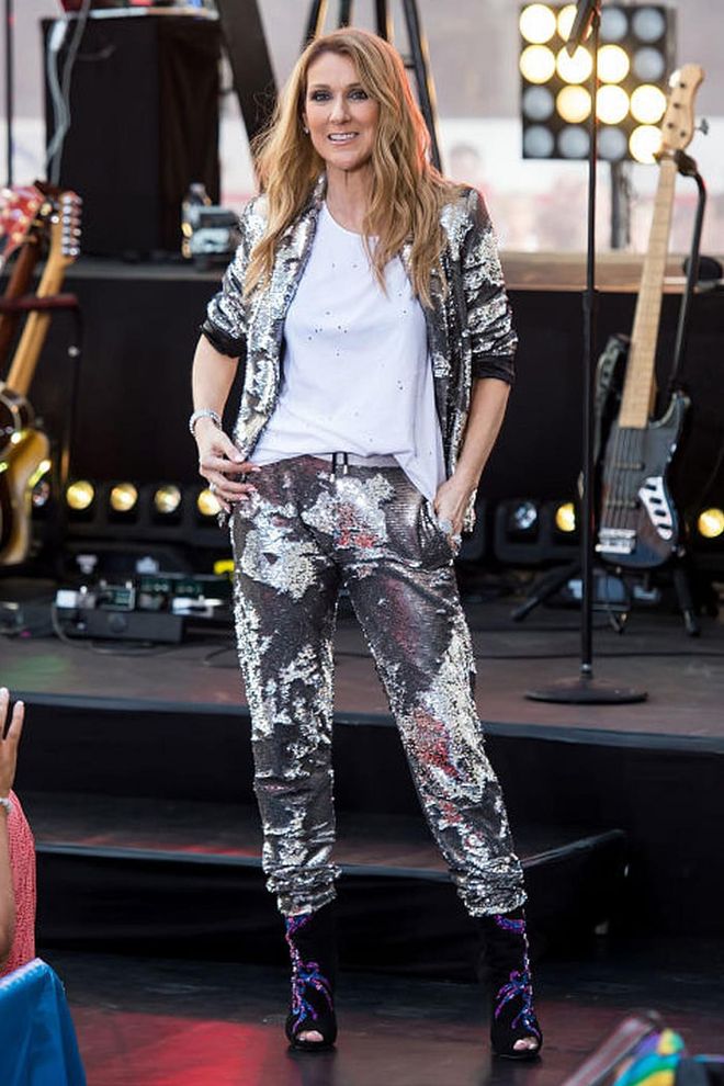 In a sparkling silver tracksuit and sequined Giuseppe Zanotti booties while performing on NBC's TODAY Show. Photo: Getty