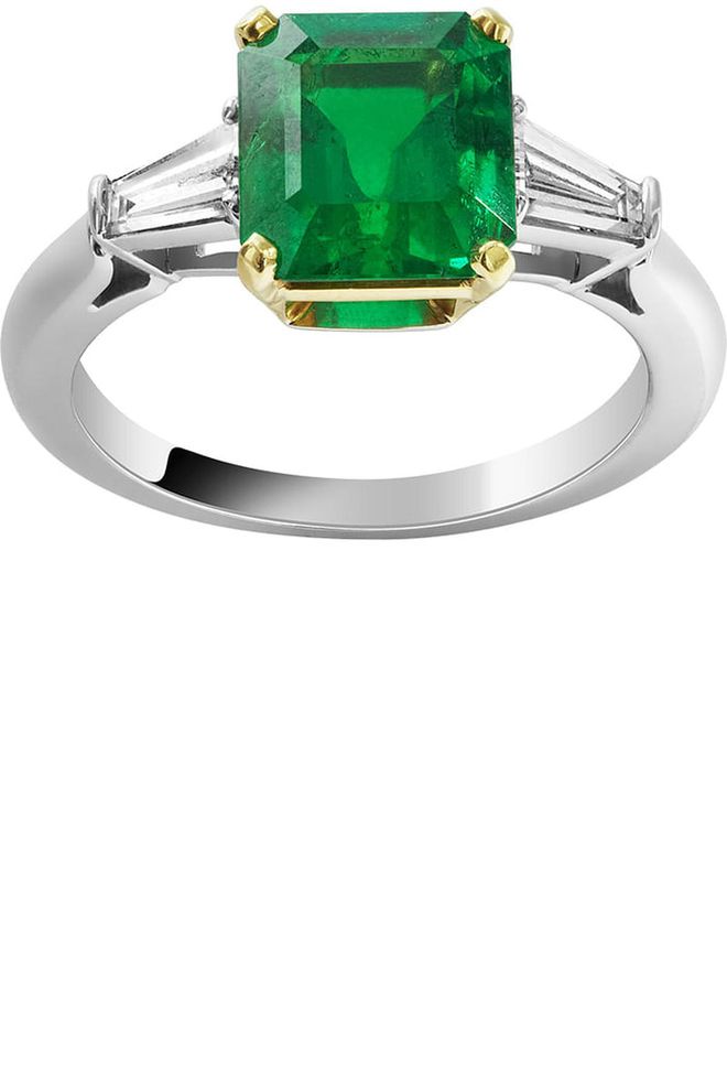 "Sonate" ring emerald-cut emerald and diamonds set in 18K white and yellow gold, $81,000, vancleefarpels.com.
