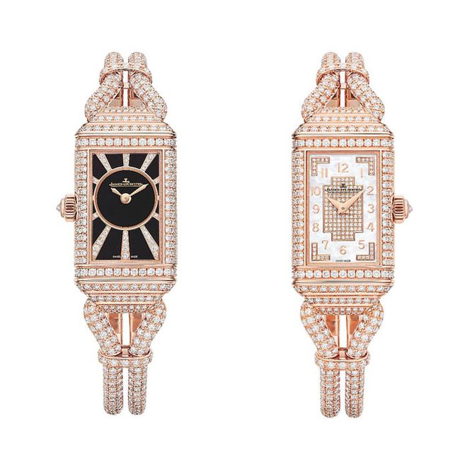 Showcasing the two dials of the Reverso One Cordonnet Jewellery watch in pink gold with mother-of-pearl, onyx and diamonds. (Photo: Jaeger-LeCoultre)