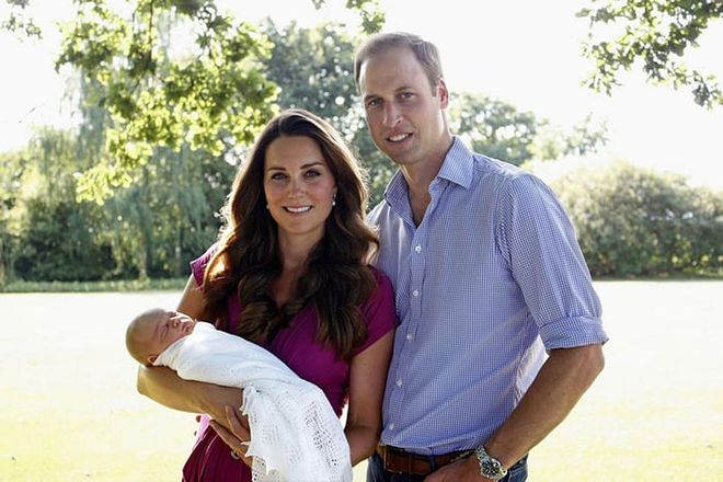 The Duke and Duchess of Cambridge welcome their first child, Prince George, on July 22, 2013. The new parents pose with their firstborn at the Middletons' family home in Bucklebury, Berkshire.