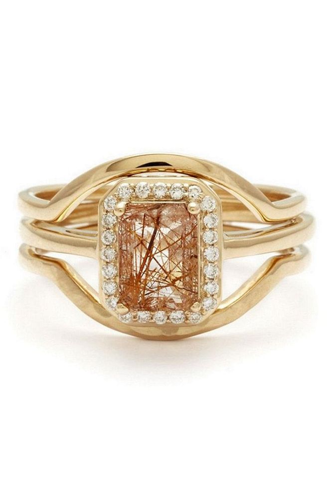Set in classic gold and surrounded by white diamonds, this copper-quartz ring is simple stunning. Anna Sheffield Copper Quartz Ring, S$5,528