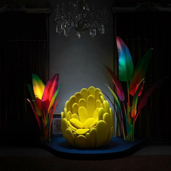 Louis Vuitton's Objets Nomades collection comprises 10 new travel-inspired objects, resulting from collaborations with designers including Zanellato/Bortotto and Atelier Biagetti.

This yellow flower bud-inspired seat by the Campana Brothers from Brazil is evocative of a tropical cocoon, lined with warming fabric on the inside and Vuitton leather on the outside. Luxuriate in the 'Bulbo', created for your ultimate well-being and comfort.