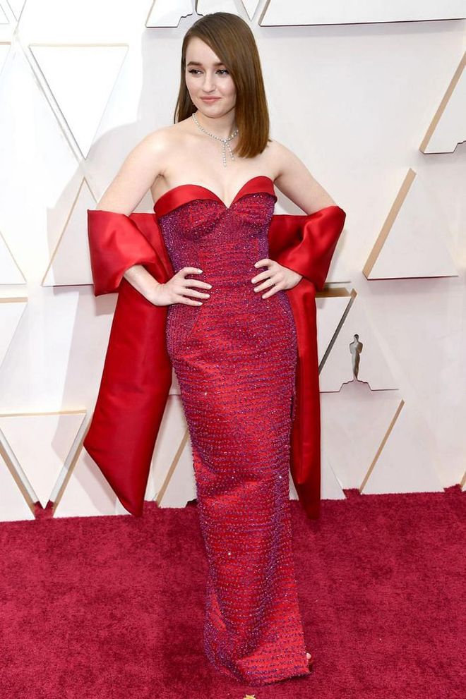 Actress Kaitlyn Dever also took part in the RCGD campaign in her embellished, red, strapless Louis Vuitton look.

Photo: Kevin Mazur / Getty