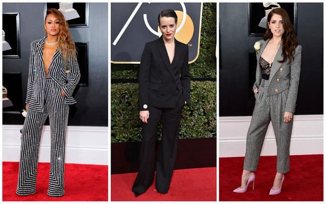 This is one trend guaranteed to breath fresh life into your going-out attire, but do you dare to try a trouser suit?

"It’s become less ‘manly’ to wear a trouser suit nowadays—we’ve moved on leaps and bounds since the '70s when the reigning queen of Studio 54, Bianca Jagger, made the front pages wearing a ‘man’s’ suit. It’s now a fitting alternative to a dress and no longer a radical fashion statement."

Le Smoking is always a great evening option—think velvet, think satin, think cropped trousers, or flared, or tapered... there’s a viable option for everyone.
Eve in Naeem Khan, Claire Foy in Stella McCartney, Anna Kendrick in Balmain
Photo: Getty