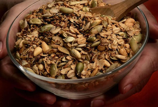 Generally a hearty mix of oats and various nuts, granola serves up a healthy amount of dietary fibre that loosens blood vessels for healthier blood flow and improves bowel movements, essential fatty acids to prevent cells from dehydrating and promoting healthy blood flow, and a good amount of vitamin E and trace minerals. Photo: Getty