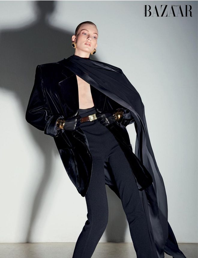 Jacket; bodysuit; shawl; leggings; earrings; belt; cuffs; gloves, Saint Laurent by Anthony Vaccarello
