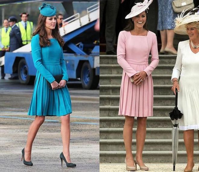 Duchess Kate had this custom Emilia Wickstead dress made in blue and pink. Photo: Getty 