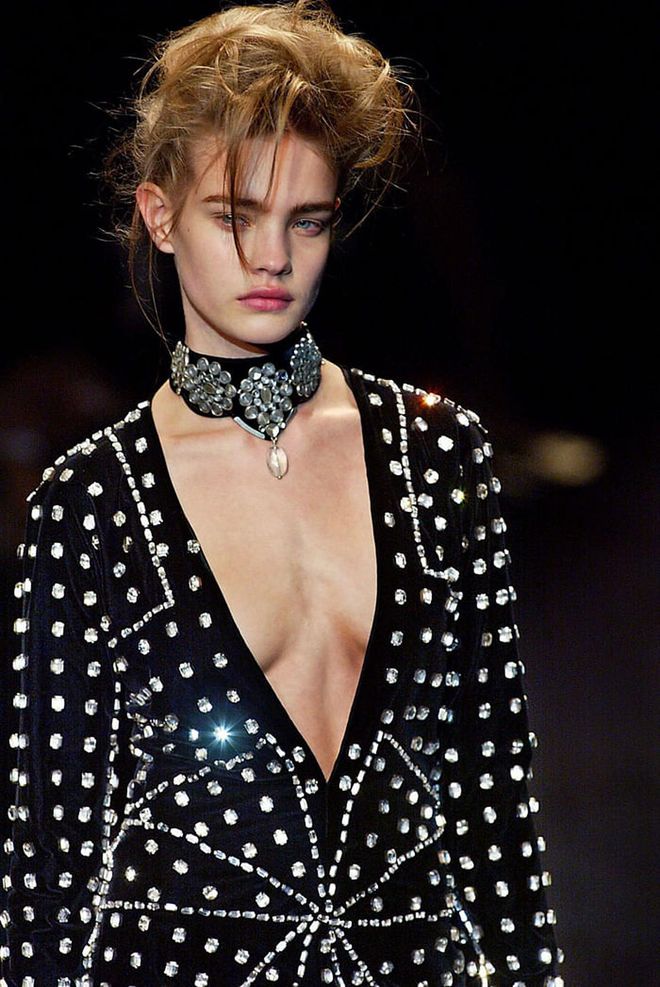 Natalia Vodianova modeled a twinkling look designed by Tom Ford for the French fashion house in 2002. Photo: Getty 
