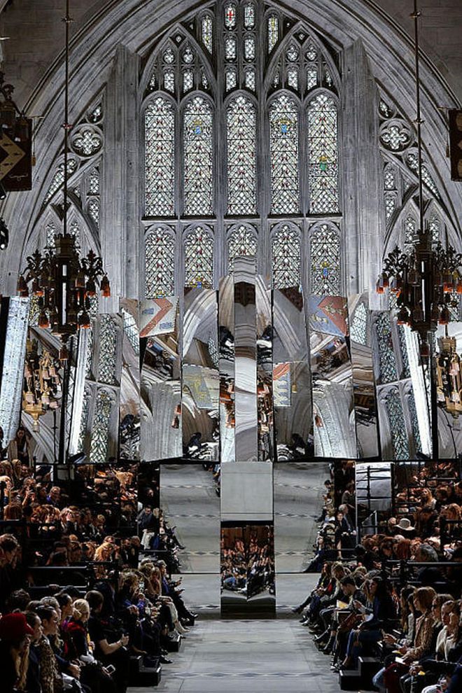 This church setting is proof that Mulberry is religious about achieving good aesthetic. The stunning cathedral, with its intricately stained windows reflected in precisely situated mirrors, was an incredible setting for the brand's show during London Fashion Week. Note: Gothic touches and coloured glass make for divine decor.