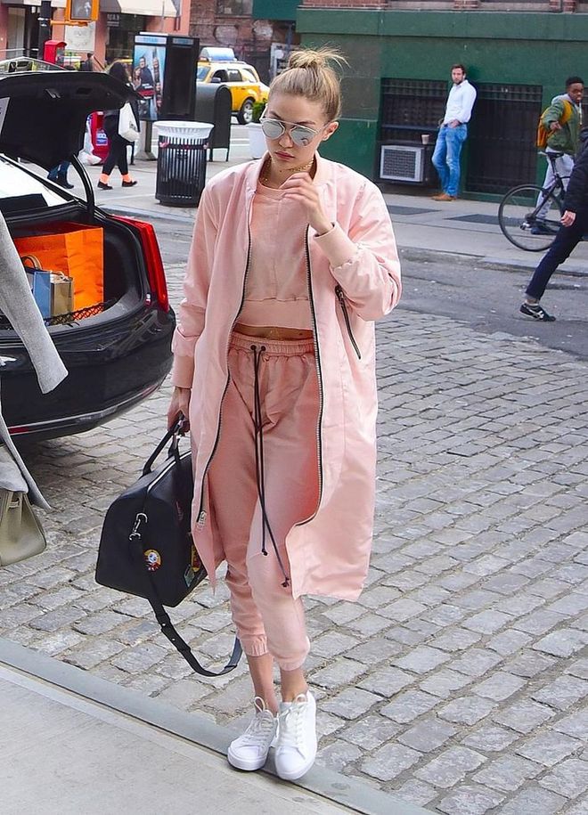 Giant bomber jackets and sweats are transformed to be ultra feminine thanks to the baby pink shade. Gigi loves going for a one-tone look, combining pieces in the exact same colour to create a look. The baby pink provides a pop of colour whilst still being completely neutral. It gives an air of a girly tomboy that’s perfect for chill dates with bae.