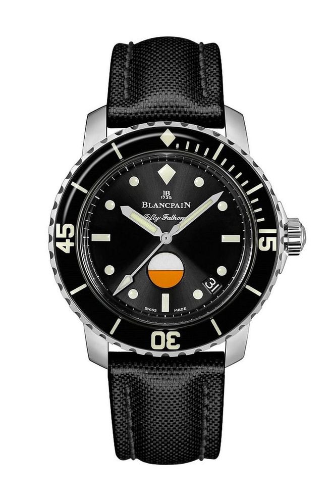 First introduced in 1953, the Fifty Fathoms from Blancpain has some serious name recognition in the world of dive watches. The latest iteration (a 500-piece limited edition) replicates the design of the original 1950s MIL-SPEC 1 right down to the distinctive bright orange water tightness indicator on the dial, but also includes some key modern updates to its automatic movements.