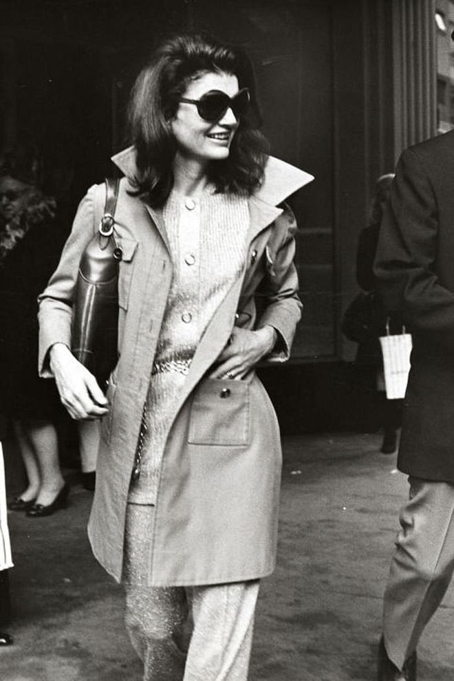 When Jackie O became the First Lady of Fashion in the '60s, she influenced millions of women with her style. The simple shifts, pillbox hats, elegant scarves worn over her hair, oversized sunglasses, and peacoats inspired all generations of women to take note. Women everywhere still sport the "Jackie O" look today.