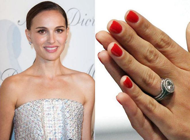 Portman's fiancee, Benjamin Millepied, and jeweler Jamie Wolf designed the Oscar winner's ring with her environmentally-conscious ideals in mind: the diamond is an antique and the surrounding pavé diamonds are conflict free, while the band is made of recycled platinum.

