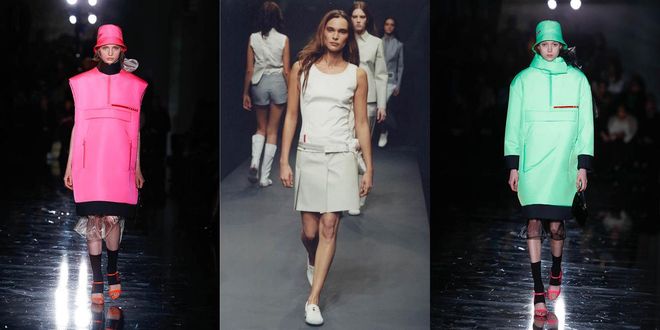 Ever the pioneer, Mrs Prada debuted a sportswear range, Linea Rossa, in 1997—years before the term "athleisure" was coined. While first designed as products for sailing, skiing, auto racing and the like, it also came to be included on the runway, as with the image in the middle, from spring/summer 1999. Fall/winter 2018 sees the return of Linea Rossa on the runway, this time on neon nylon down coats (left and right). 
