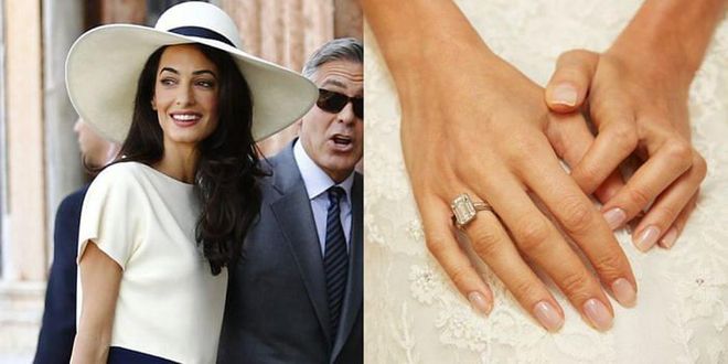 George Clooney presented his wife-to-be with a seven-carat emerald-cut diamond set in platinum.

