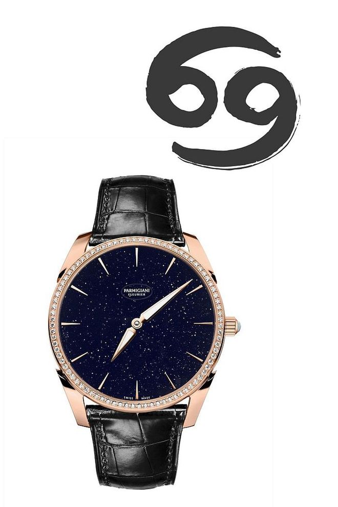 Emotional and mysterious like the water sign Cancer, the sparkling surface of this sleek dial has a twinkling night sky effect. Paired with a midnight black Hermes alligator strap and a rose gold, diamond-set bezel, this Parmigiani Tonda has just the right amount of dark glamour. <b>Parmigiani Tonda 1950 Set, $23,900</b>