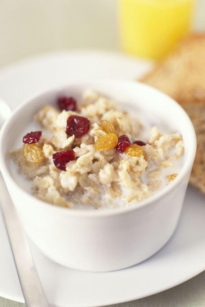 Oatmeal has a reputation for being a warm comfort food, meaning that when you start dieting, it is the first to go. But Lenchewski is a huge advocate of it. She explains that its complex carbs not only fill you up, but they'll also make you less likely to go overboard at lunch (or approach the vending machine before noon). Make sure to steer clear of brands with added sweeteners and flavourings. Lenchewski recommends using cinnamon, almond butter, or a teaspoon of coconut sugar for extra flavour.