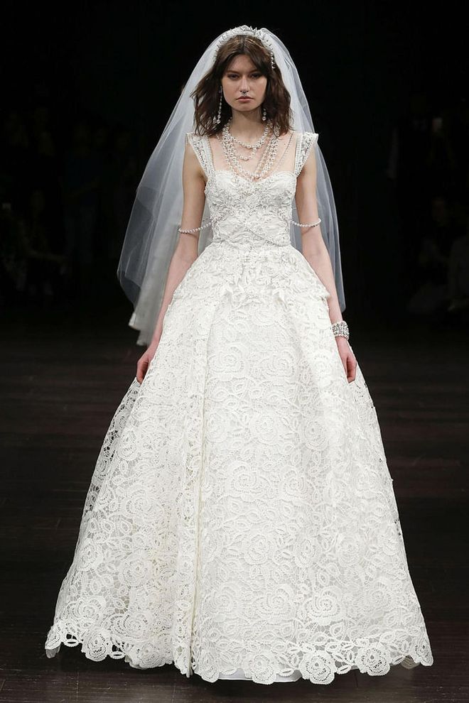 All-lace ball gowns are as country, ladylike and dreamy, as it gets. Imagine them on lush, grass-covered hills or strolling through a rustic vineyard , and it's easy to understand why. Naeem Khan "Guadalajara" gown, naeemkhan.com. 