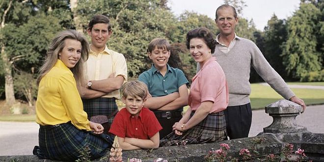 Princess Anne, Prince Charles, Prince Edward, Prince Andrew, the Queen, and Prince Philip enjoy a summer vacation at Balmoral Castle in August 1972. This image is from a series of photographs taken to celebrate the Queen and Prince Philip's 25th wedding anniversary.
