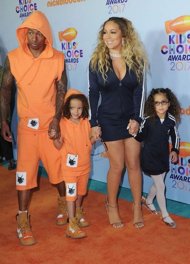 The songstress took outfit coordination to the next level with then-husband Nick Cannon, and twins Moroccan and Monroe at the 2017 Nickelodeon Kid’s Choice Awards 2017. Mariah’s family of four wore matching outfits, with the girls in Adidas tracksuit dresses and the boys in an orange sweatshirt and pants combo.

Photo: Getty