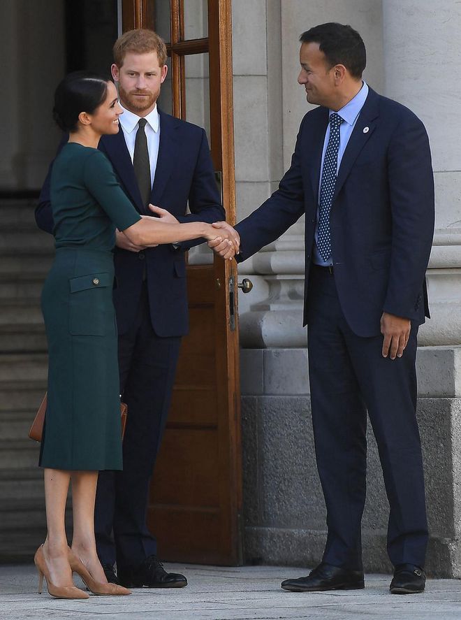 Their first stop was a visit to the Taoiseach Leo Varadkar - with Meghan confidently extending her hand before her husband.
Photo: Getty