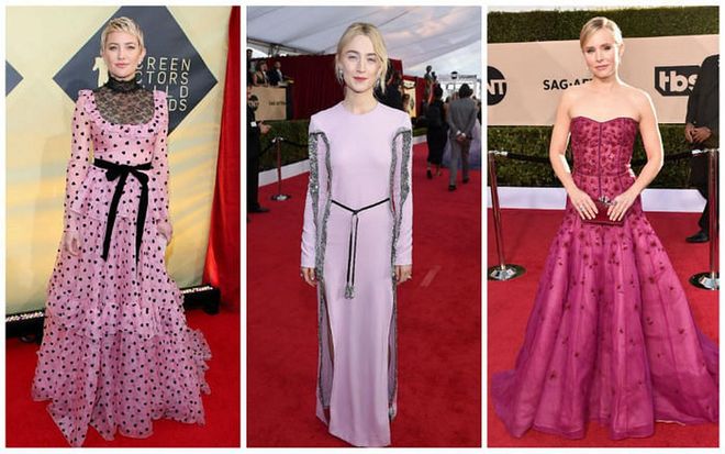There’s no denying the world is feeling a penchant for pink right now. The colour continues to make a mark on the catwalks so it’s no surprise to see the trend trickling into awards season too.

Now is the time to wear a steal-the-show frock adorned with lace and frills. Or if you’d prefer to keep the Barbie associations at bay, look to a sharply tailored suit. Don't forget the punch of bright pink accessories if you want to make a low-key yet on-point statement.
Saoirse Ronan in Louis Vuitton, Kristen Bell in J.Mendel, Kate Hudson in Valentino
Photo: Getty