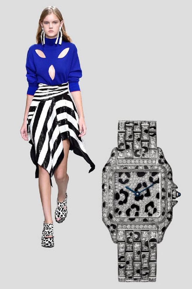 Inspired by both art and architecture, Proenza Schouler's latest collection mixes bold colors and patterns in a nod towards Italian designers of the '80s and '90s. One hallmark of the look? Leopard and other animal-inspired prints, just like the eye-catching diamond pavé and black enamel Panthére de Cartier.

Panthére de Cartier Medium Model with Brilliant Cut Diamonds and Black Enamel Spots, price upon request, cartier.com