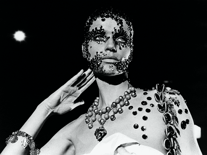 The iconic model (who stars in Acne's new Resort look book) had her face covered in crystals to play the lead role in the 1972 film Salome. Photo: Getty 