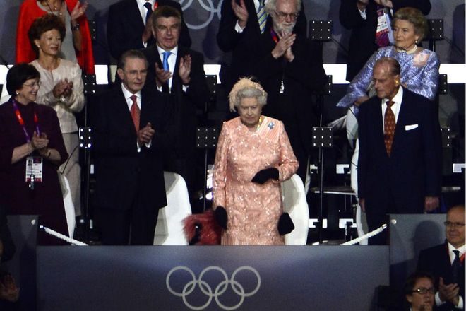 Queen Elizabeth II makes an entrance at the opening ceremony of the London 2012 Olympic Games, July 2012.