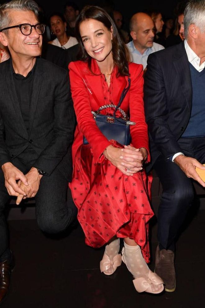 Katie Holmes sat front row and made a case for sheer statement socks.

Photo: Getty