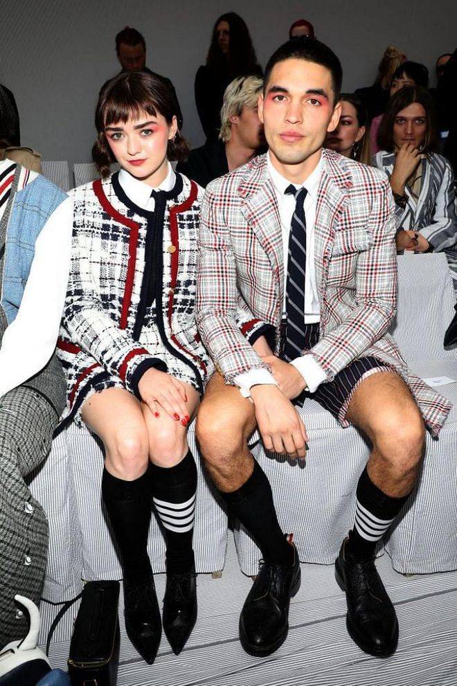 Maisie Williams matched boyfriend Reuben Selby in checks for the Thom Browne show.

Photo: Getty