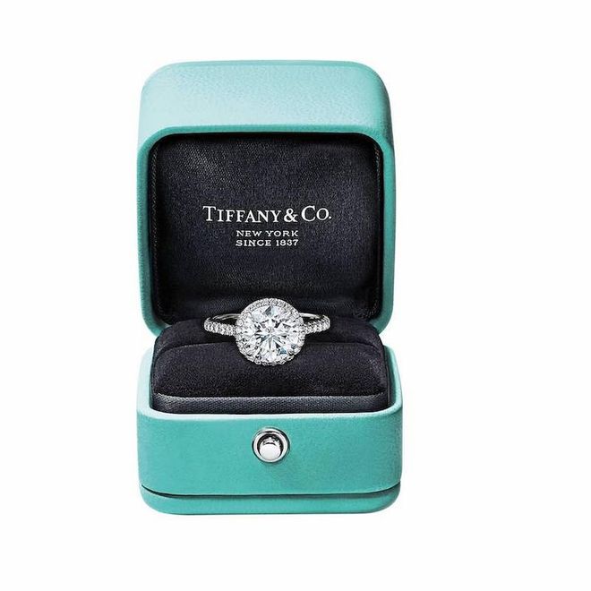A platinum Tiffany Soleste engagement ring in its Tiffany Blue Box. (Photo: Tiffany & Co.)